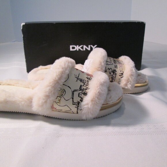 DKNY Gold Logo Furry Bevan Flat Slides NIB Sz 6 - Picture 4 of 8